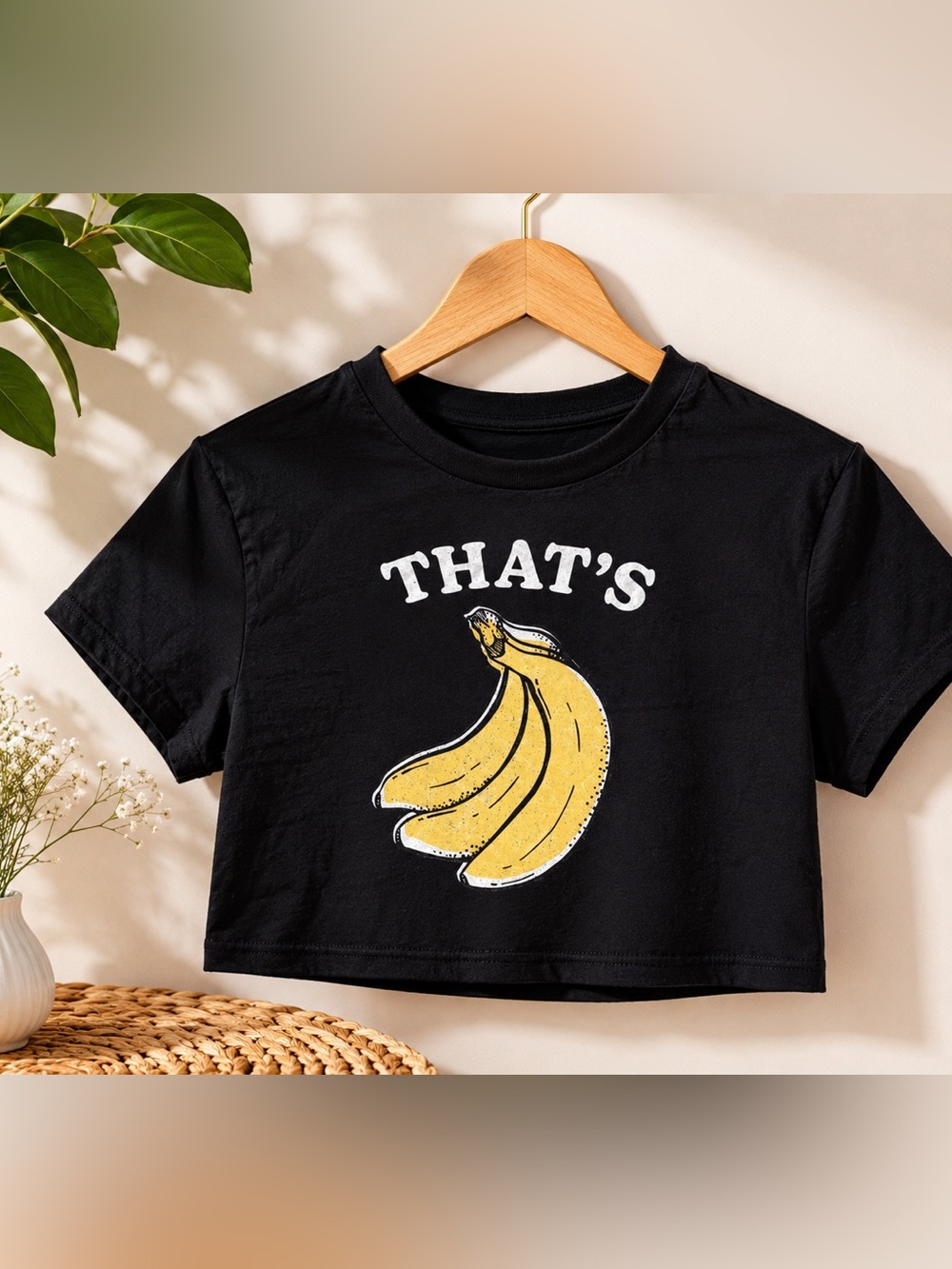 Black Graphic Crop Tee with Yellow Banana Print